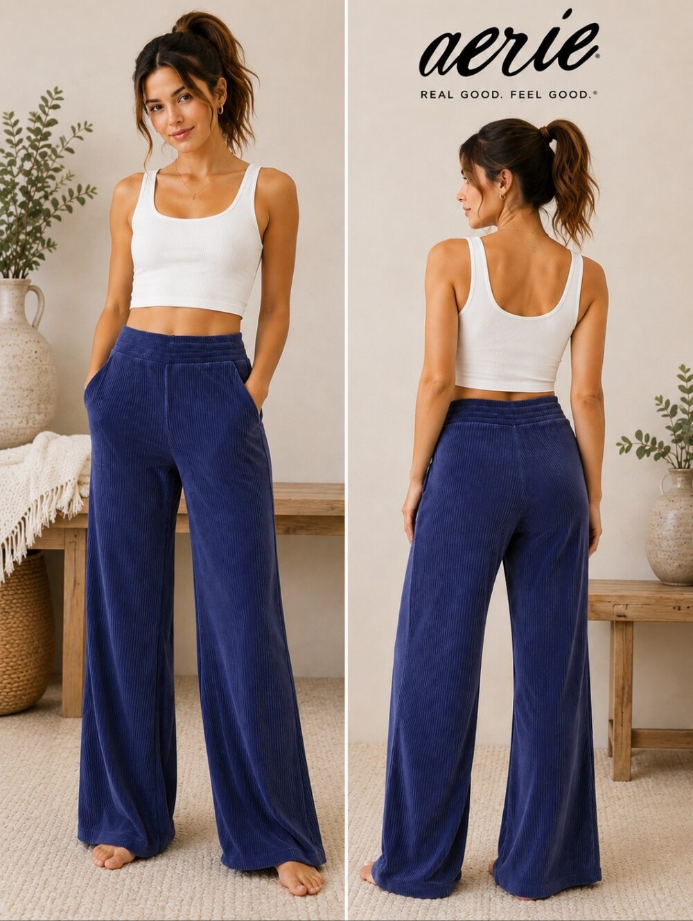 Aerie Navy Ribbed Corduroy Wide Leg Lounge Pants High Rise Pull On Size Medium